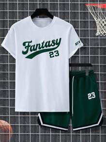 Manfinity Sporsity Men'S Monogram Printed Short-Sleeved T-Shirt And Shorts Two-Piece Set