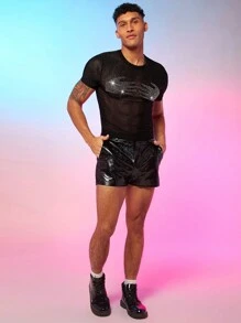 FeverCity 男士水鑽鑲嵌手工圖案針織休閒短袖 T 卹 - 黑色 - 查看 4