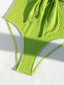 SHEIN Swim Summer Beach Solid Color Textured One-Piece Swimsuit With Shoulder Straps - Green - View 7