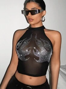 SHEIN ICON Going Out Tops Women's Flame Pattern Hot Drilling Mesh Halterneck Perspective Tank Top - Black - View 1