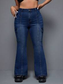 SHEIN ICON 洗水加工帶蓬蓬裙的大尺碼牛仔褲,附蓋式袋子 - 藍色 - 查看 6