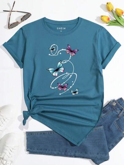 INAWLY Camiseta de cuello redondo con gráfico de mariposas y estrellas para mujeres