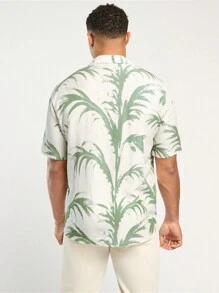 Forever 21 Men's Spring And Summer Casual Vacation Fit Apricot Plant Print Shirt And Khaki Pants Set - Beige - View 2