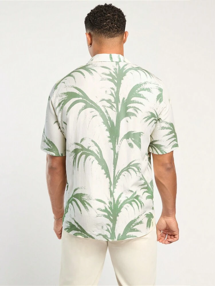 Men's Spring And Summer Casual Vacation Fit Apricot Plant Print Shirt And Khaki Pants Set