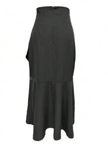 Women's Spring/Summer Solid Color Waist Belt Bodycon Asymmetrical Ruffle Mermaid Hem Elegant Skirt