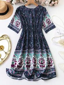 SHEIN LUNE Kích thước lớn Retro In Đầm giản dị - Màu xanh hải quân - Xem 2