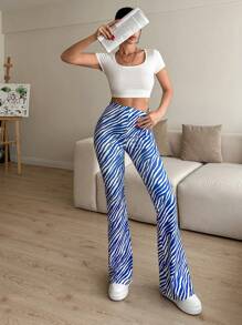 EURMUSE Zebra Pattern High Waisted Elastic Bell Bottom Pants - Blue - View 3