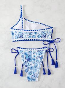 SHEIN Swim Conjunto de bikini con un hombro con estampado de paisley para mujer, traje de baño de verano