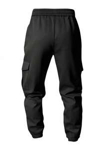 Manfinity Homme Pantalones de carga largos y cónicos para hombre en color negro liso, con recubrimiento térmico en su interior, cintura ajustable con cordón, bolsillo de solapa en el lateral, ideal para salir