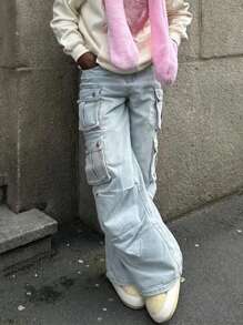 ROMWE MEN Street Life Men's Loose Wide Leg Cargo Baggy Jeans With Multiple Pockets - Blue - View 3