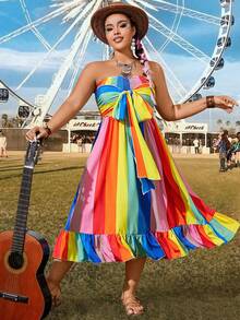 SHEIN Holidaya Plus Size Women's Colorful Striped Wrap Front Tie Waist Dress - Multicolor - View 3