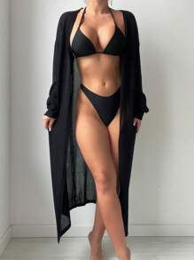 SHEIN Swim 實色長袖和服外套開襟款 - 黑色 - 查看 1