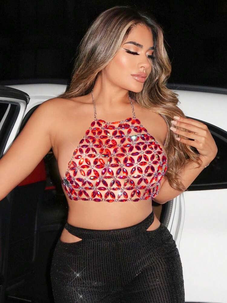 Valentine's Day Fashion Women's Gorgeous Hollow Orange Red Sexy Hot Girl Nightclub Charming Metal Chain Short Rhinestone Decorated Adjustable Backless Halter Top