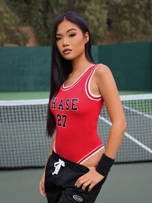 SHEIN EZwear 紅色字母印花女士連身衣 - 紅色 - 查看 9