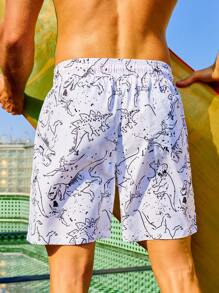 Surfspeed Men's Dinosaur Printed Drawstring Beach Shorts, Summer Vacation - White - View 2