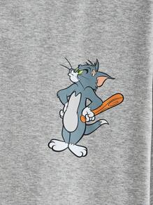 TOM & JERRY X SHEIN Hombres Camiseta Con Hombros Caídos Y Estampado De Dibujos Animados Y Letra