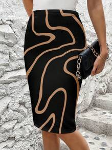 SHEIN Clasi Women's Summer Color Block Printed Elastic Waist Slim Fit Midi Pencil Skirt