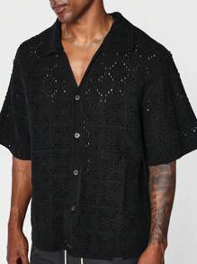 SUMWON Boxy Fit Button Through Crochet Knit Shirt - Black - View 4