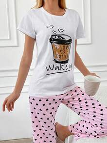 SHEIN Homewear Heart Love Coffee Patterned Women's Pajama Set - Multicolor - View 5