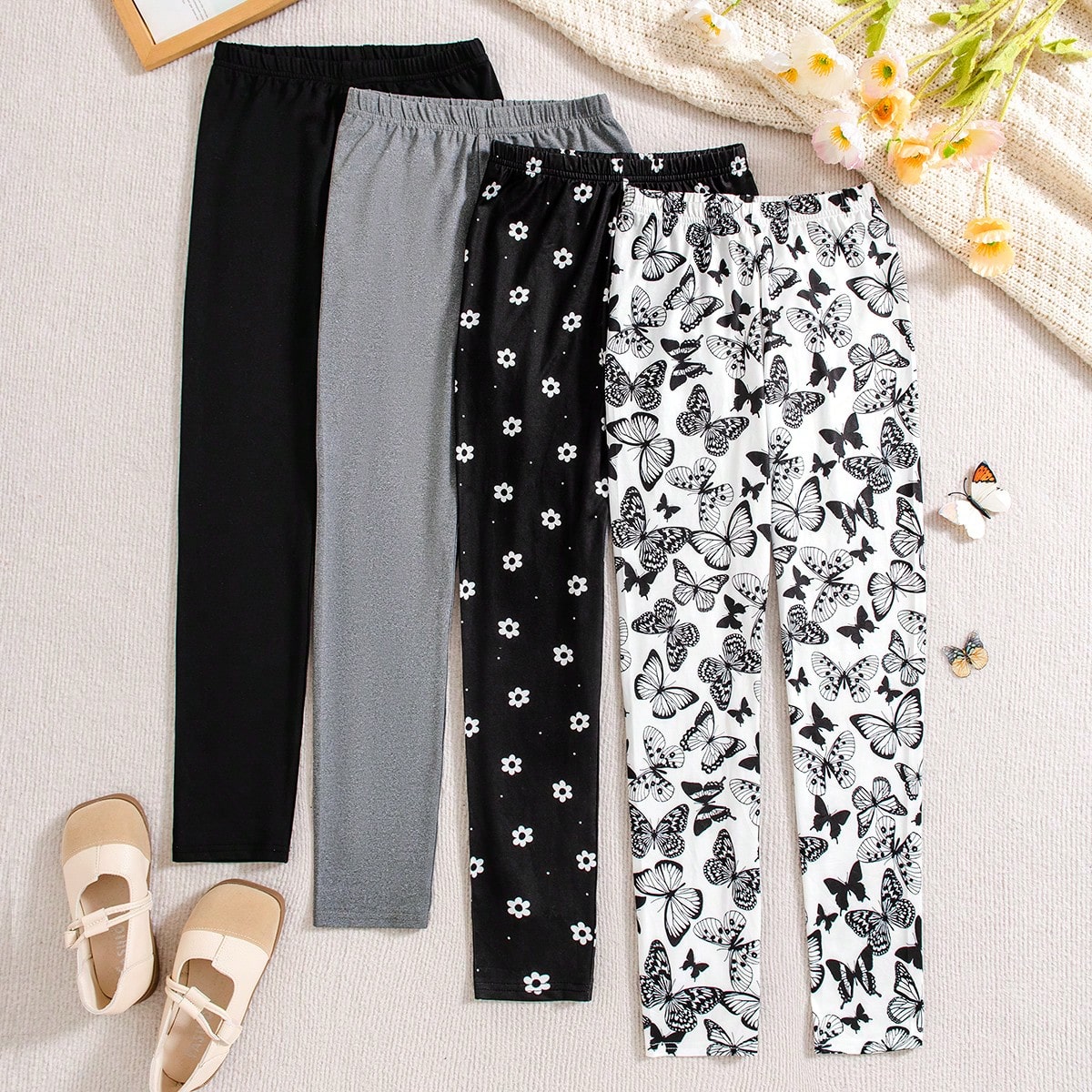 Piezas/set de pantalones informales de punto sólido con patrón de mariposa y flores para niña preadolescente