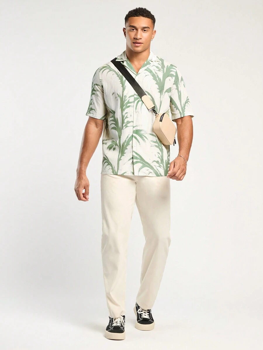 Forever 21 Men's Spring And Summer Casual Vacation Fit Apricot Plant Print Shirt And Khaki Pants Set - Beige - View 1