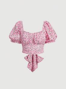SHEIN MOD Plus Size Summer Floral Print Puff Sleeve Tie Back Blouse - Pink - View 1