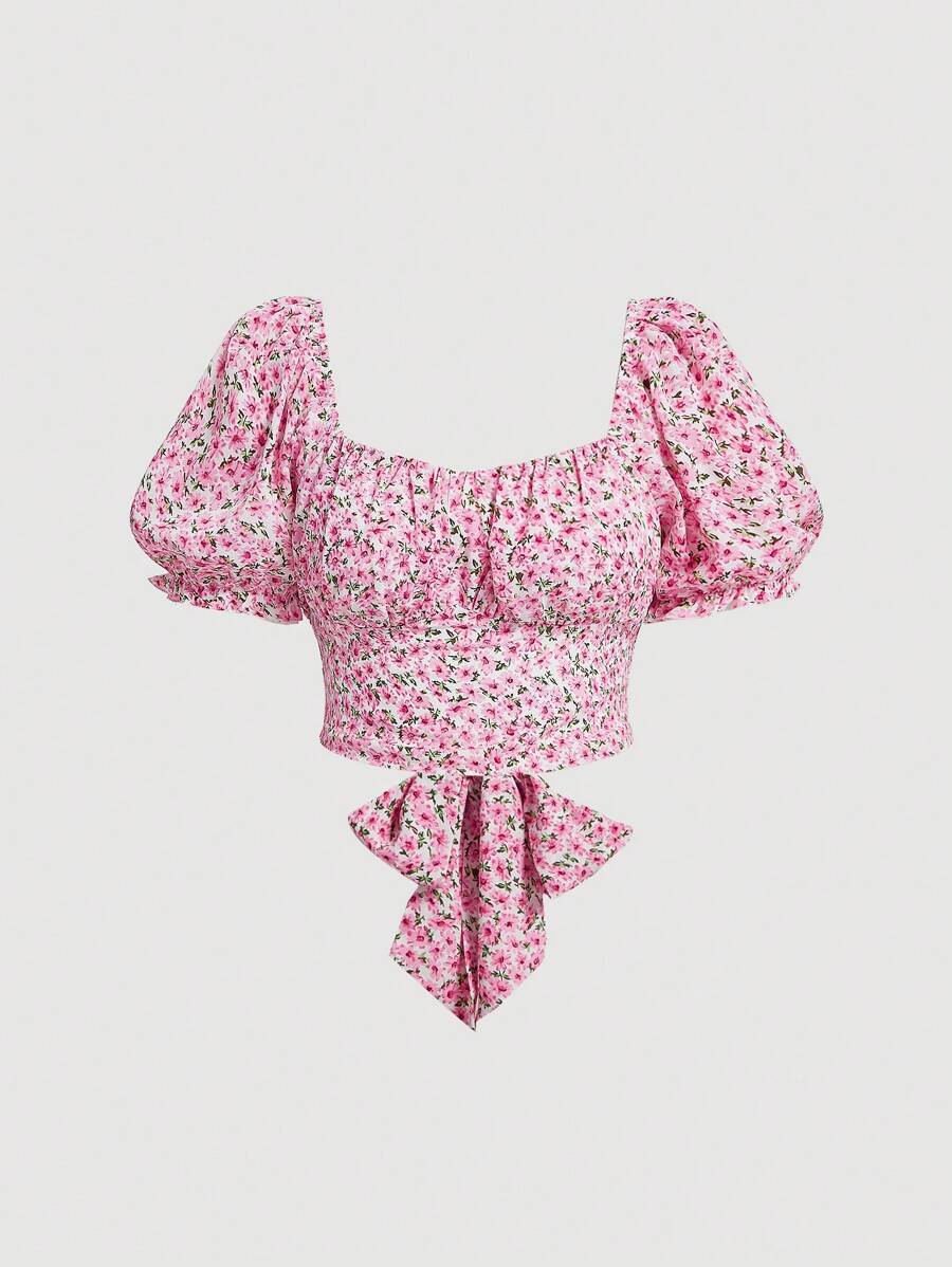 SHEIN MOD Plus Size Summer Floral Print Puff Sleeve Tie Back Blouse - Pink - View 1