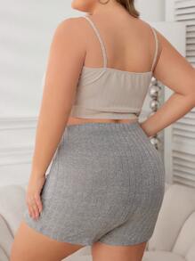 Plus Size Solid Color Ribbed Detail Casual Pajamas Set - Multicolor - View 3