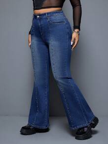 SHEIN ICON Jeans Acampanados De Talla Grande Y Ajustados Con Detalle De Cuentas - Azul - Ver 3