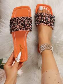 女士加大码平底凉鞋 2024 新款低跟水钻装饰简约系带舒适露趾户外休闲拖鞋 - 橘色 - 查看 1