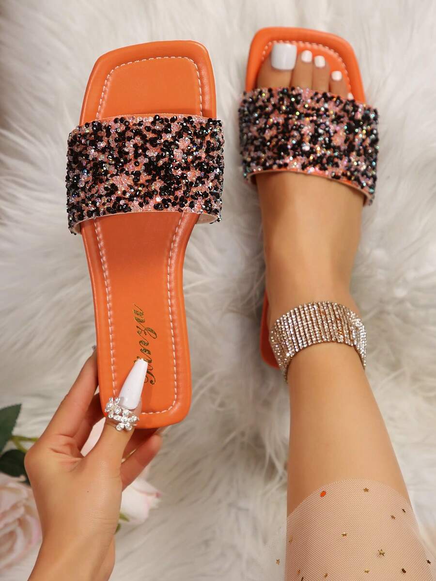 女士加大码平底凉鞋 2024 新款低跟水钻装饰简约系带舒适露趾户外休闲拖鞋 - 橘色 - 查看 1