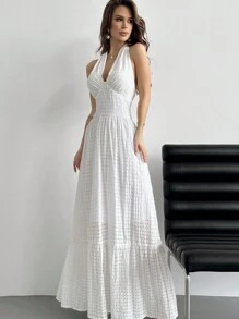 Aloruh 浪漫約會掛脖格子洋裝,女士褶邊底裙 - 白色 - 查看 4