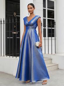 SHEIN Belle 女士藍色亮片絲質光澤緞面背心式袖子V領拼接網眼大擺裝飾優雅閃亮I摺褶裙，明亮的顏色適合宴會、音樂節、畢業季、正式晚宴、派對 - 藍色 - 查看 4