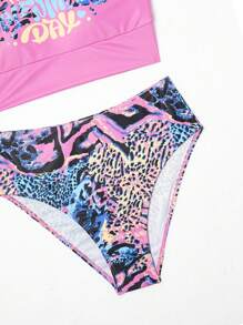 Teenage Girls' Letter Print Splice Animal Pattern Tankini Set - Multicolor - View 4