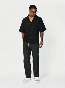 SUMWON Boxy Fit Button Through Crochet Knit Shirt - Black - View 3