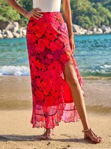 SHEIN VCAY Vacation Spring/Summer Knitted Mesh High Waist Bodycon Skirt With Ruffle Hem