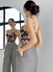 Firerie Floral Print Mesh Overlay Faux Boned Corset Top - Black - View 2