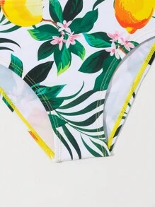 SHEIN Traje De Baño De Una Pieza Para Niña Con Estampado De Frutas Y Plantas, Diseño Hueco Y Empalmado, Ribete De Volantes De Colores En Contraste