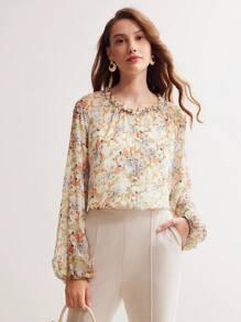 MOTF PREMIUM 絲綢雪紡全花卉印花荷葉邊飾鬆緊袖子上衣 - 綠色 - 查看 10