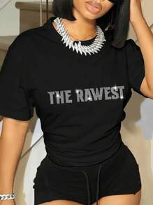 INAWLY 女士短袖t恤,帶有鑽石裝飾字母 - 黑色 - 查看 3