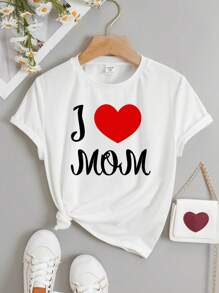 SHEIN Camiseta Casual De Manga Corta Con Cuello Redondo, Impresa Con Corazones Y Letras De Amor, Adecuada Para Niñas Adolescentes En Verano