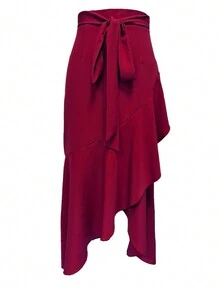 Women's Solid Color Belted Bodycon Asymmetric Ruffle Hem Elegant Skirt, Casual & Sexy For Dates, Halloween Spring - Burgundy - View 3