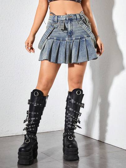 Grunge Punk Light Washed Vintage Style Denim Skater Skirt With Double Suspenders And Pleated Hem For Women