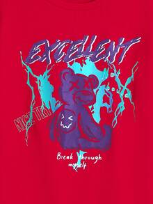 SHEIN 青少年男生休閒舒適的熊和字母印花圓領t卹 - 紅色 - 查看 4