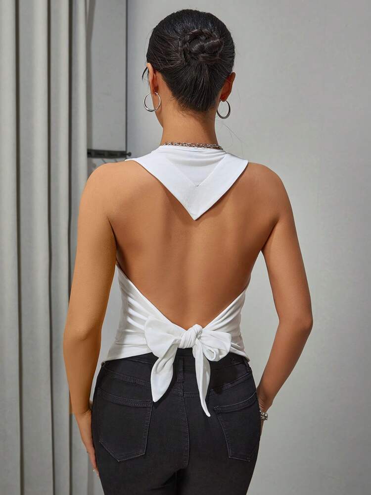 Women's White Knitted Casual Tank Top With Back Tie For Spring/Summer Backless Top