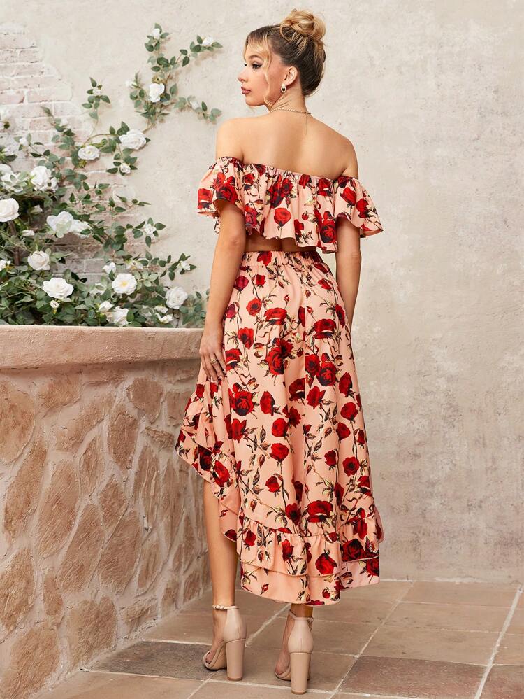 Floral Print Off-Shoulder Top And Ruffled Hem Skirt Set
