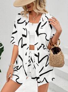 Breezaya Random Printed Loose Fit Shirt And Short Set - Black and White - View 5