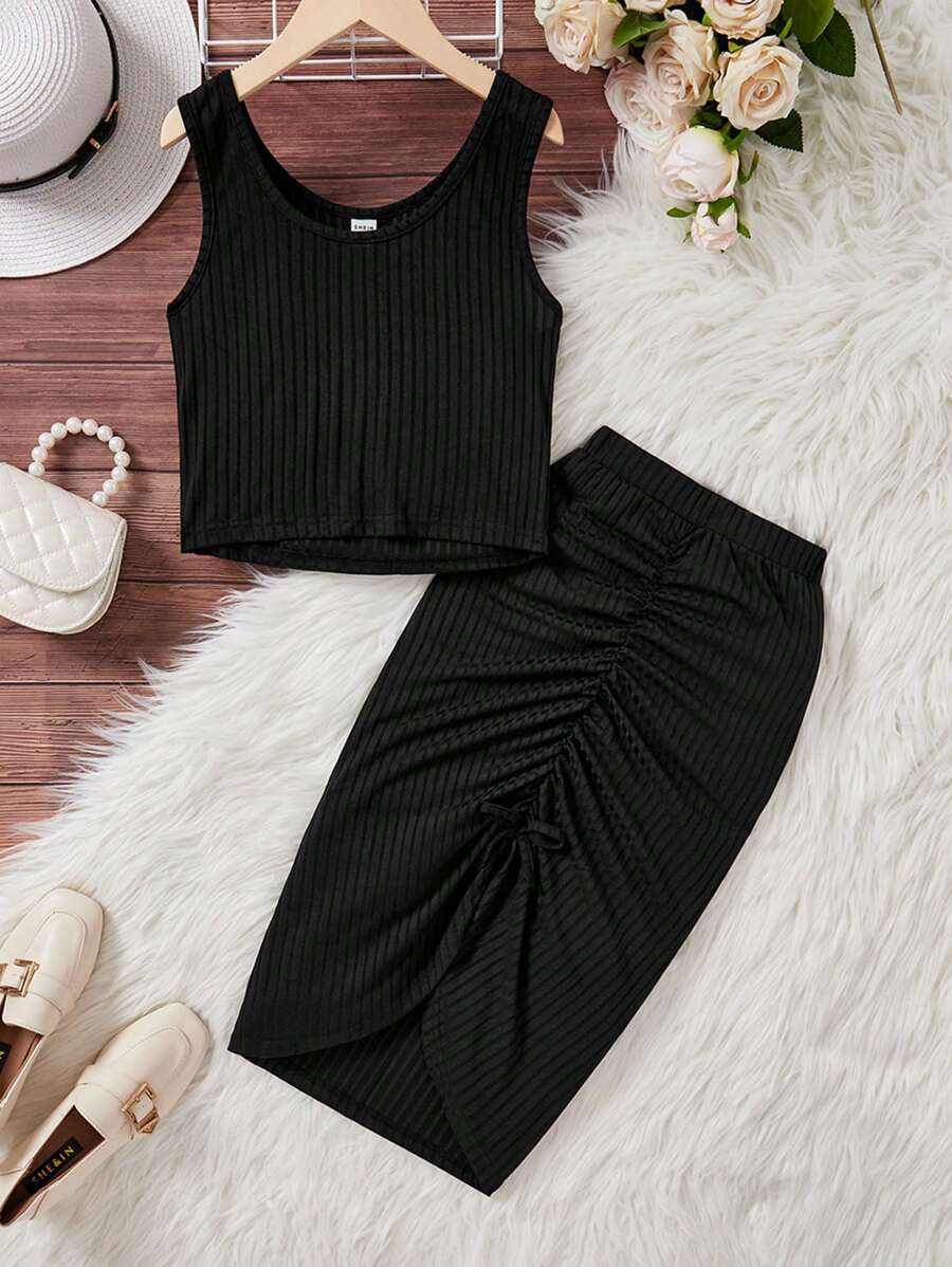 Bộ 2 món áo và chân váy đen kiểu dáng thường ngày cơ bản dành cho thiếu nữ. - màu đen - Xem 1