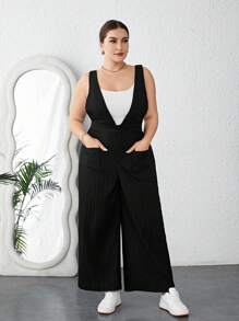 SHEIN Essnce Của phụ nữ Kích thước lớn Đen Xếp li Áo liền quần - màu đen - Xem 4