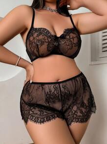 Lace Wireless Plus Size Women's Lingerie Set - Black - View 5